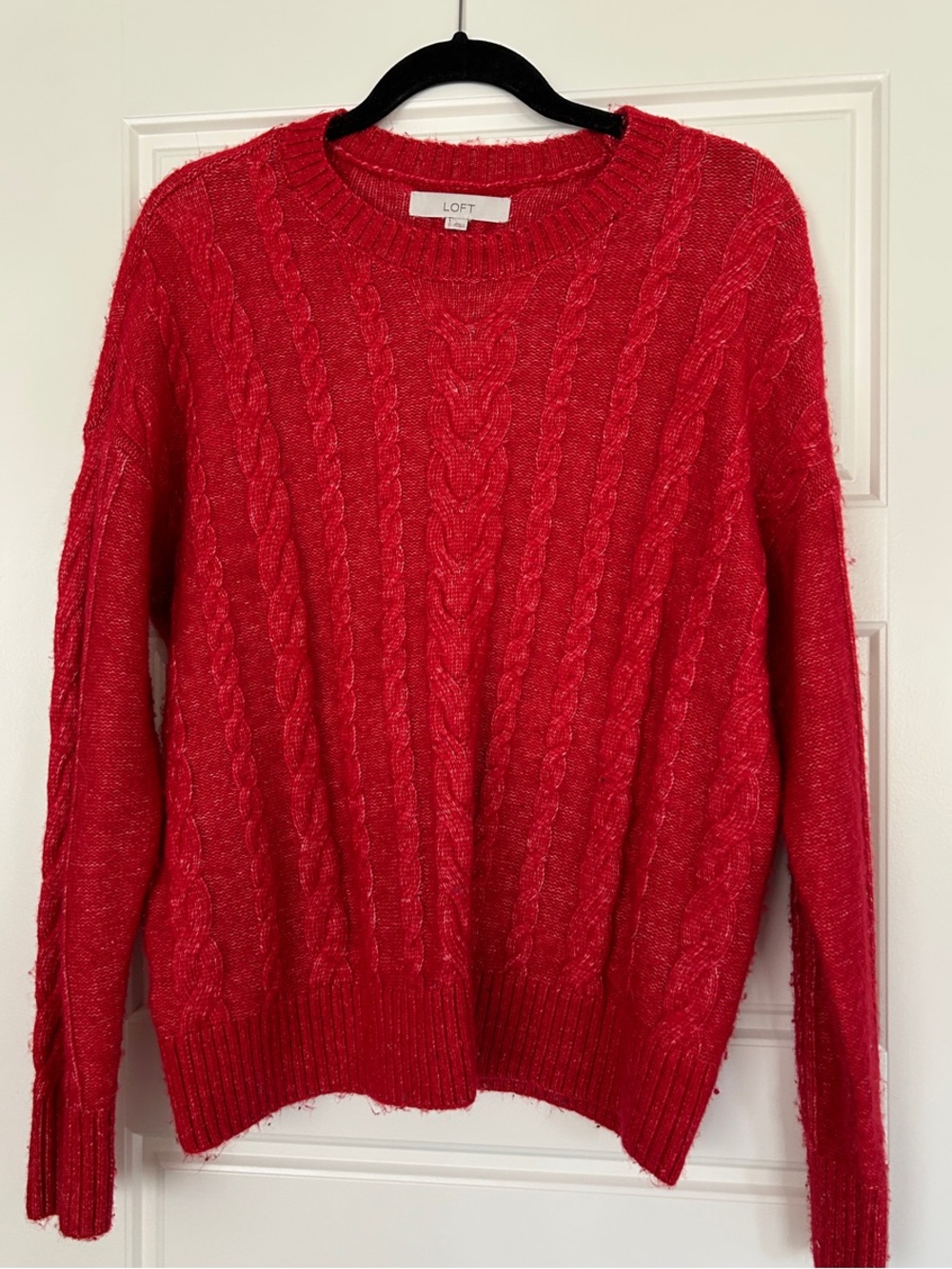 LOFT Red Cable Knit Scoop Crew Sweater